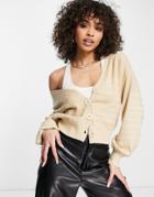 Qed London Balloon Sleeve Ribbed Cardigan In Oatmeal-purple