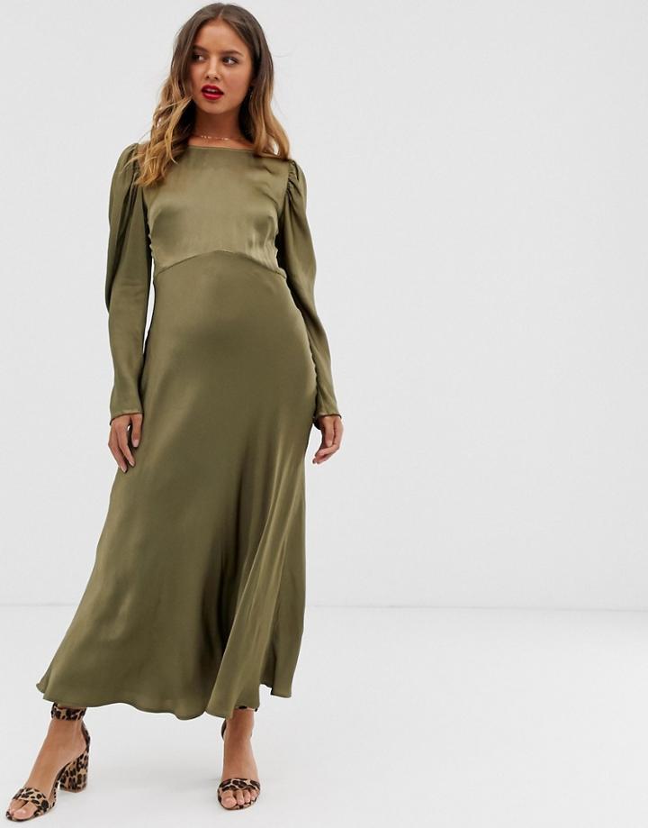Ghost Rosaleen Long Sleeve Satin Midi Dress - Green