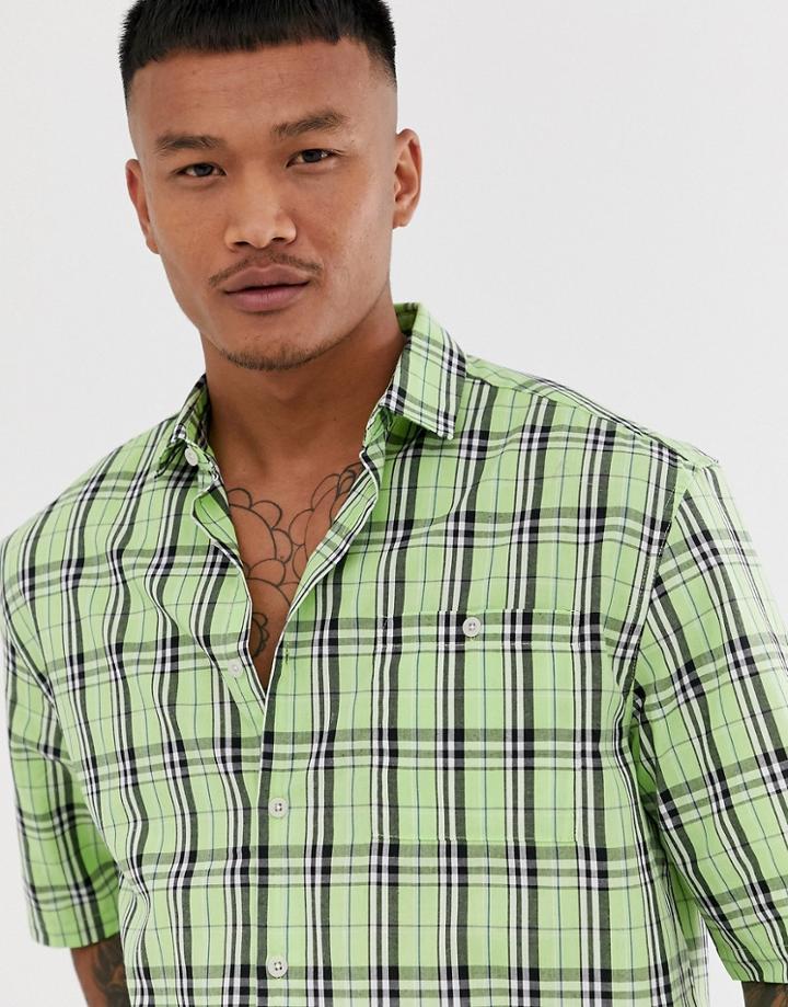 Asos Design Boxy Neon Check Shirt - Green