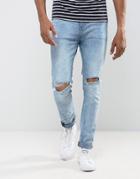 Bershka Skinny Jeans With Knee Rips In Light Blue Wash - Blue