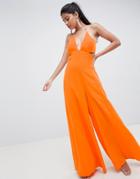 Asos Design Jumpsuit With Cut Out Detail And Super Wide Leg-orange