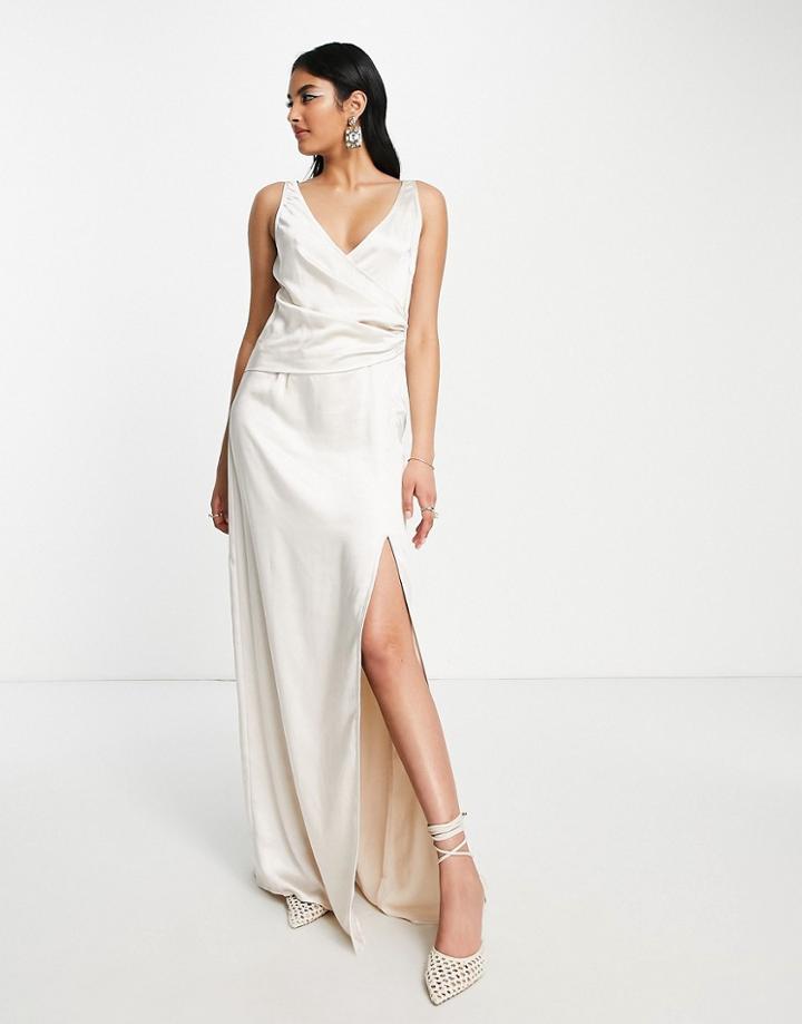 Pretty Lavish Bridesmaid Satin Wrap Maxi Dress In Champagne-neutral