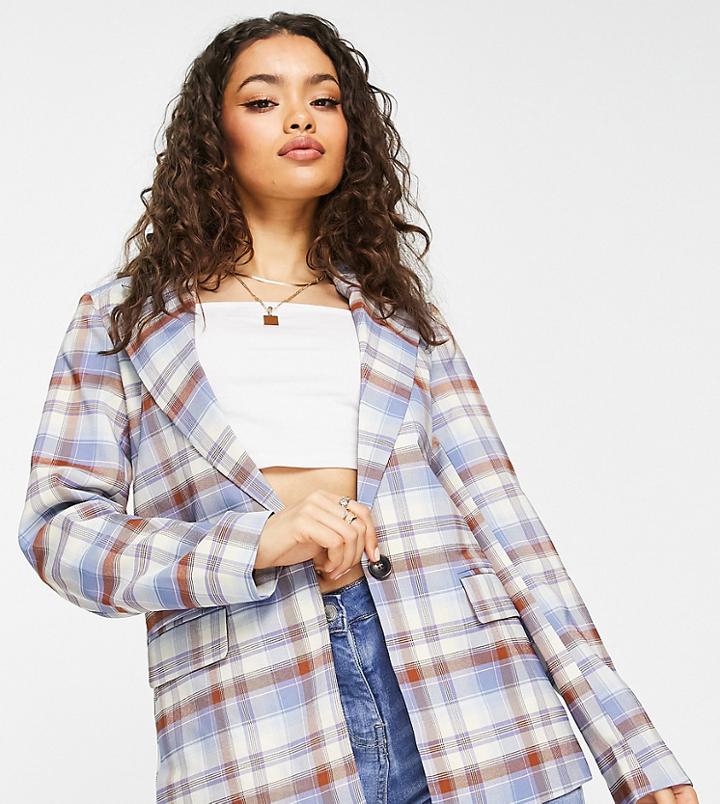 Vila Petite Oversized Blazer In Blue And Rust Check-multi