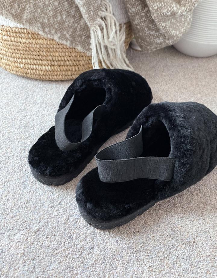 Asos Design Premium Sheepskin Slipper With Elastic Strap On Chunky Sole-black