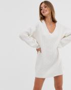 Asos Design Cable Mini Sweater Dress With V Neck-cream