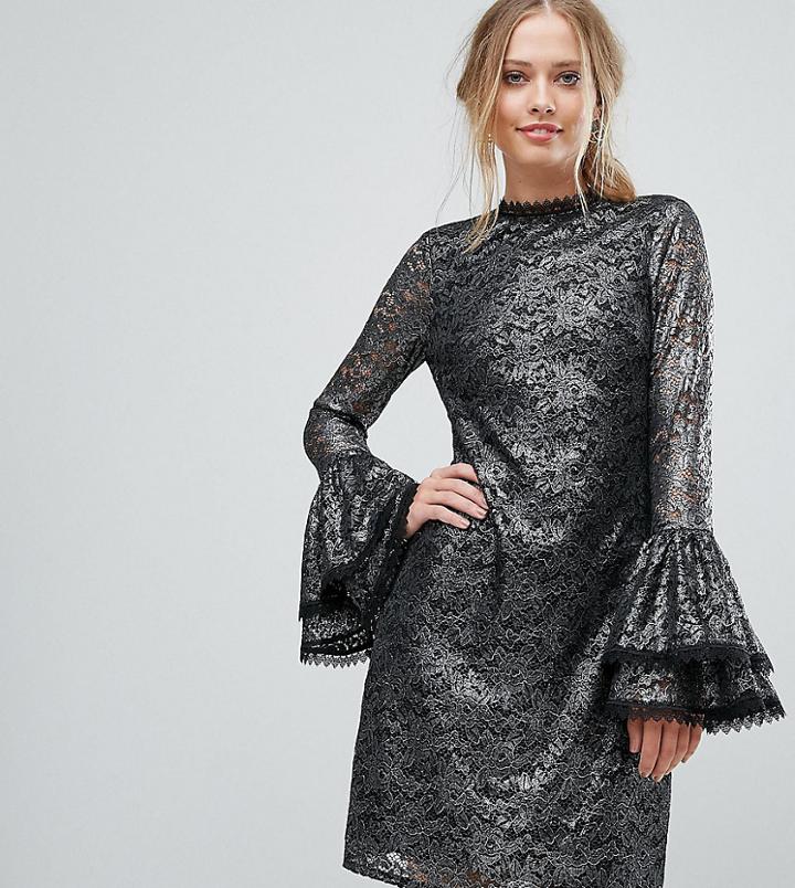 Little Mistress Metallic Cutwork Lace Swing Dress With Fluted Sleeve Detail - Silver