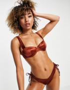 Asos Design Gleam V-front Ruched Side Bikini Bottoms In Burnt Brown