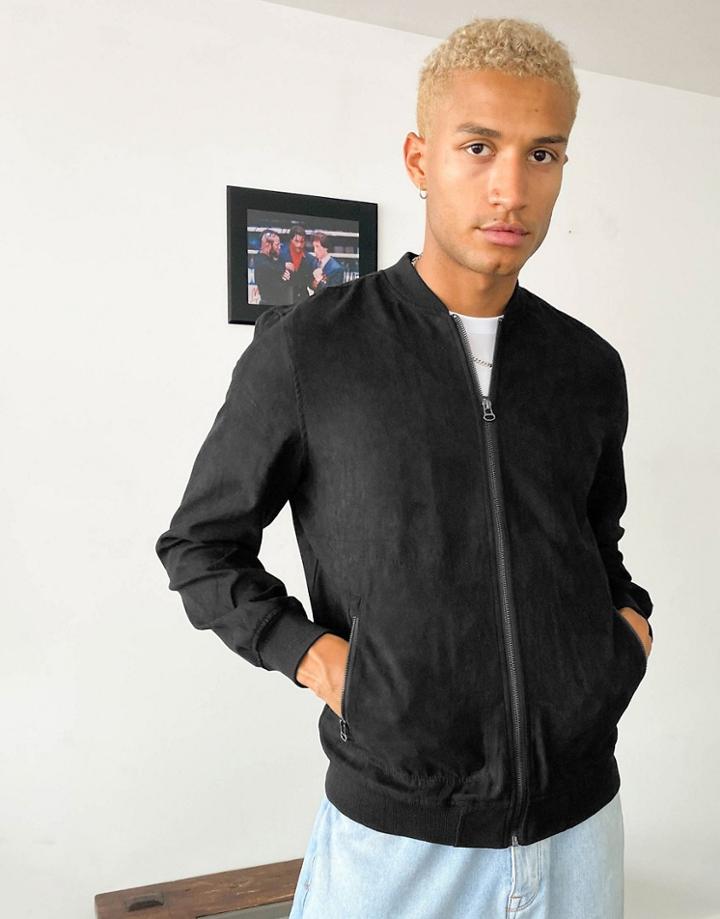 Pull & Bear Faux Suede Bomber In Black