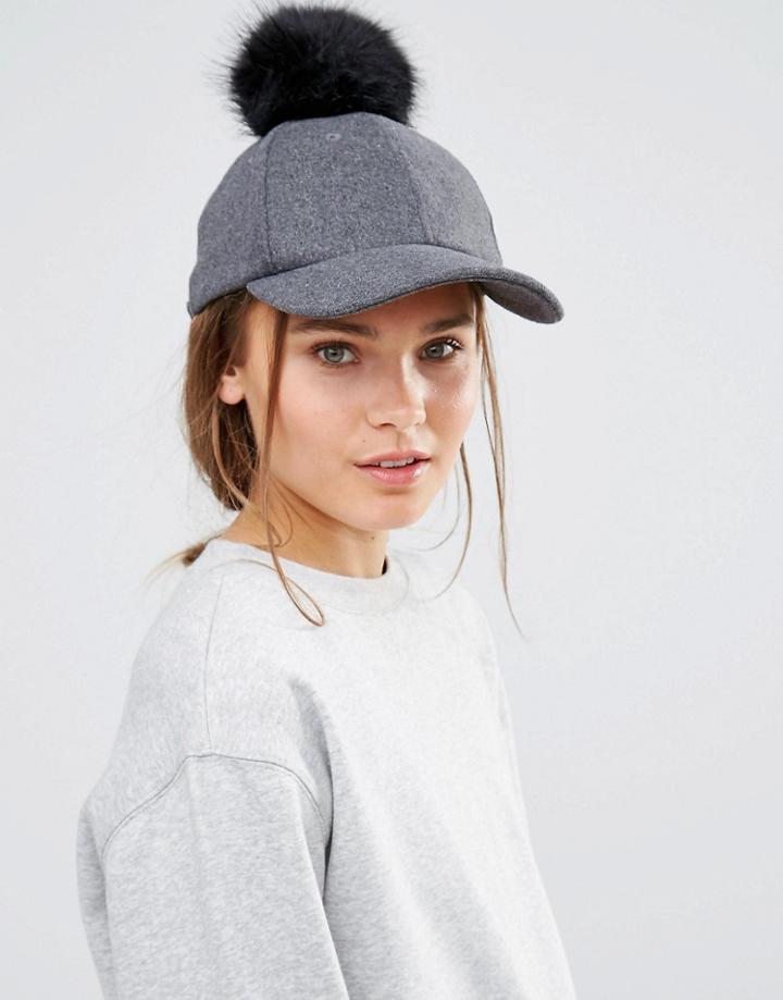 New Look Faux Fur Pom Cap - Gray
