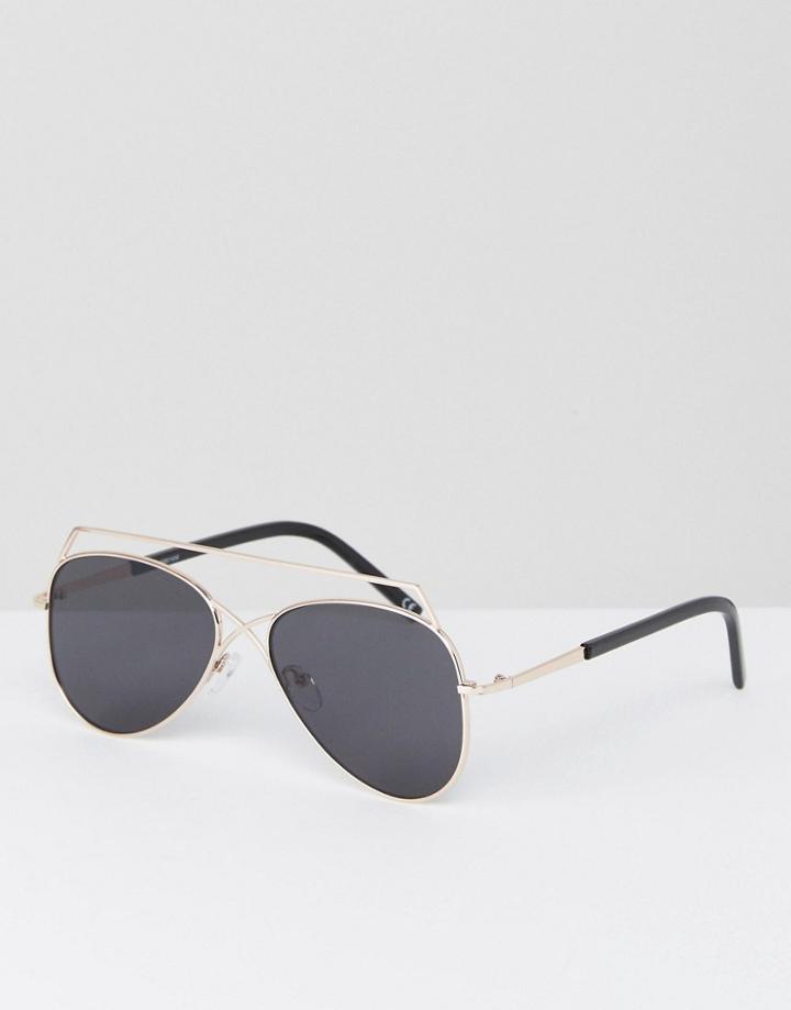Asos Aviator Sunglasses In Black With Matt Black Brow Bar - Black
