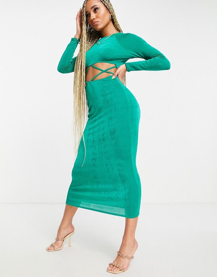 Asos Design Cut Out Long Sleeve Maxi Dress In Slinky Green