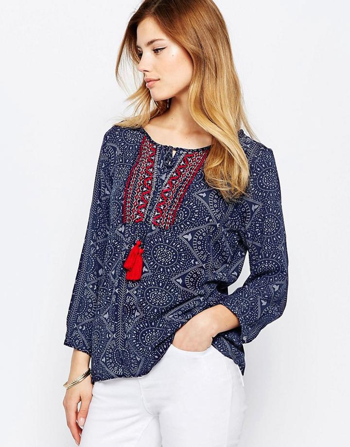 Only Ginny Embroidered Tie Neck Boho Blouse - Navy Blazer