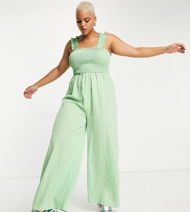 Daisy Street Plus Wide Leg Relaxed Jumpsuit With Shirring Bust In Apple Green