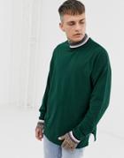 Asos Design Oversized Longline Long Sleeve T-shirt With Side Splits And Turtleneck With Tipping-green