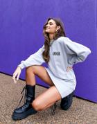 Asos Design Padded Shoulder Mini Sweater Dress In Gray With Amour Logo-grey