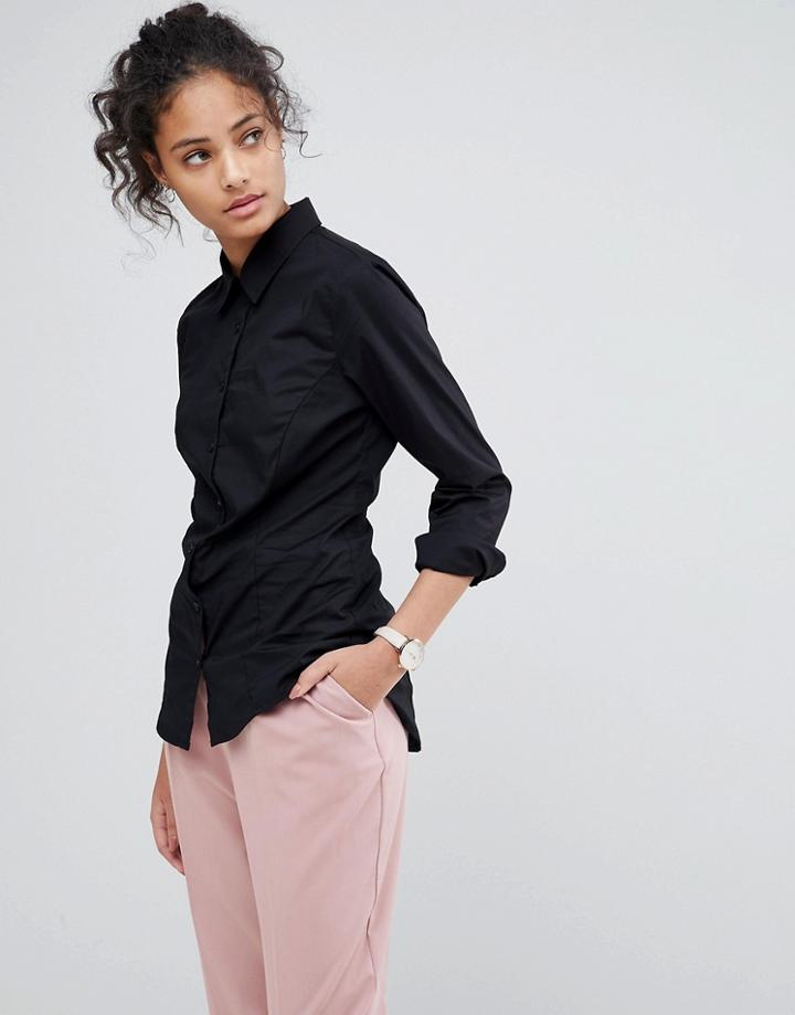 Asos Design Long Sleeve Shirt In Stretch Cotton - Black