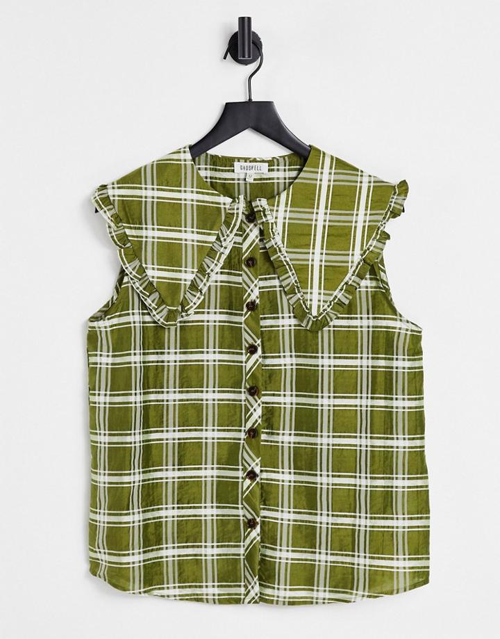 Ghospell Button Down Blouse With Bib Collar In Oversized Green Check