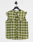 Ghospell Button Down Blouse With Bib Collar In Oversized Green Check