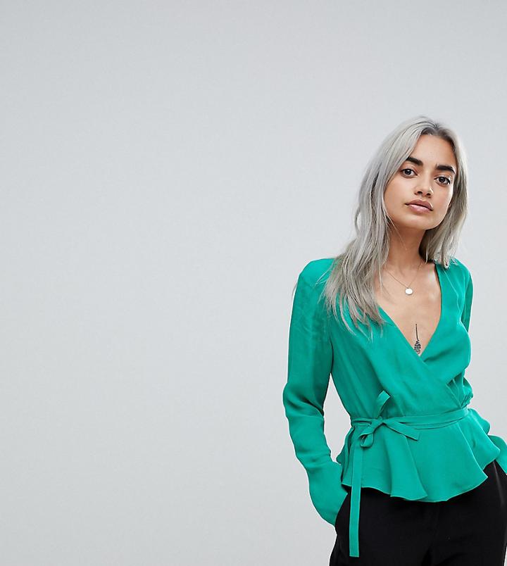Asos Petite Wrap Top With Pephem - Green