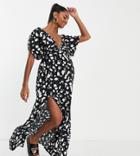 Asos Design Maternity Flutter Sleeve Maxi Beach Dress In Mono Spot Print-multi