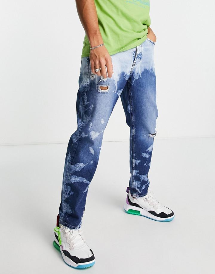 Topman Extreme Wash Relaxed Jeans In Mid Wash-blue