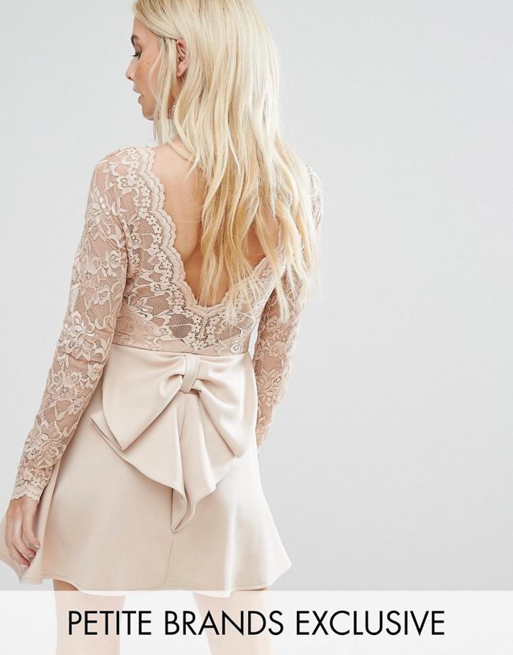 Club L Petite Allover Lace Top Mini Dress With Open Bow Back - Pink