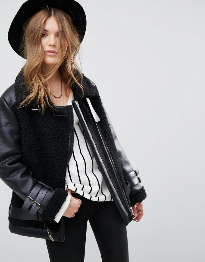 Moon River Oversized Shearling Coat - Black