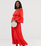 Asos Design Maternity Off Shoulder Maxi Dress In Crinkle-red