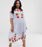 Asos Design Curve Embroidered Smock Midi Dress With Ladder Trims - Multi