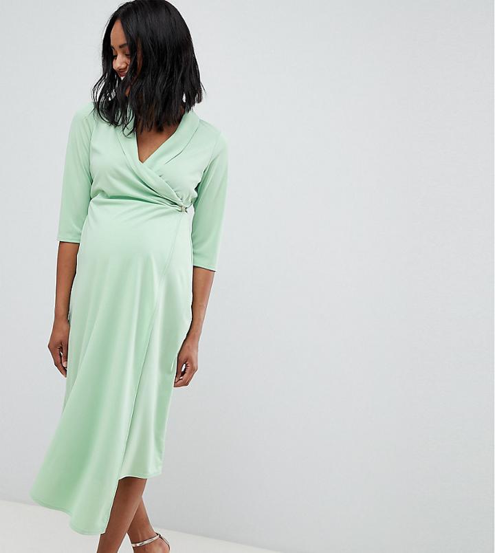 Asos Design Maternity Midi Shirt Dress With Safety Pin - Green