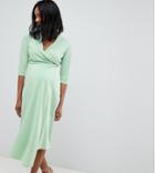 Asos Design Maternity Midi Shirt Dress With Safety Pin - Green
