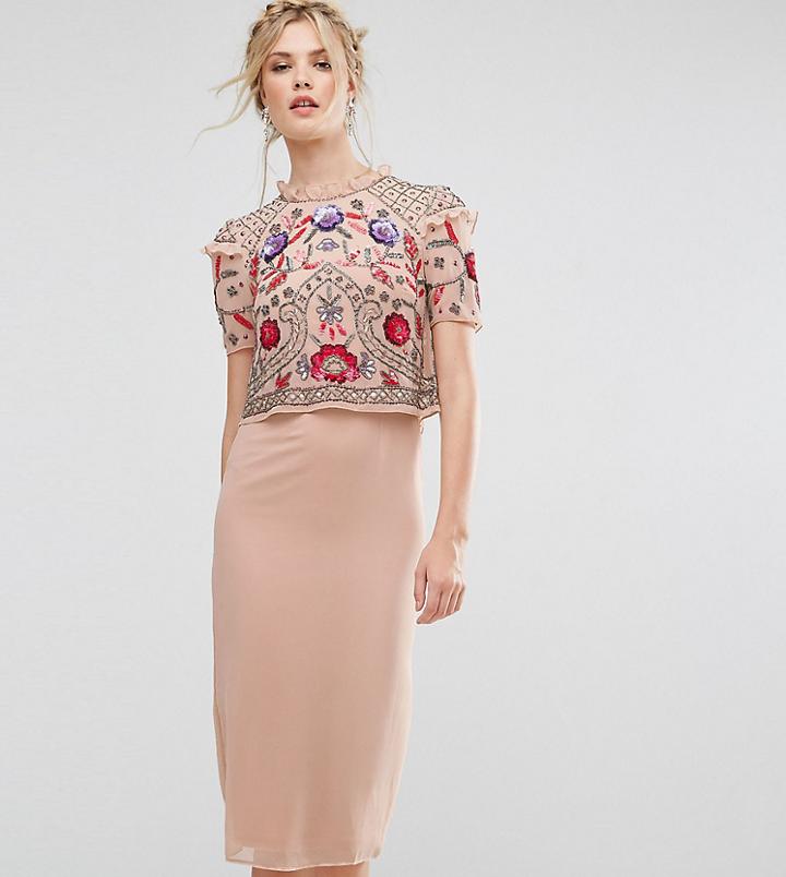 Frock And Frill Tall Overlay Midi Pencil Dress With Floral Embellishment - Pink