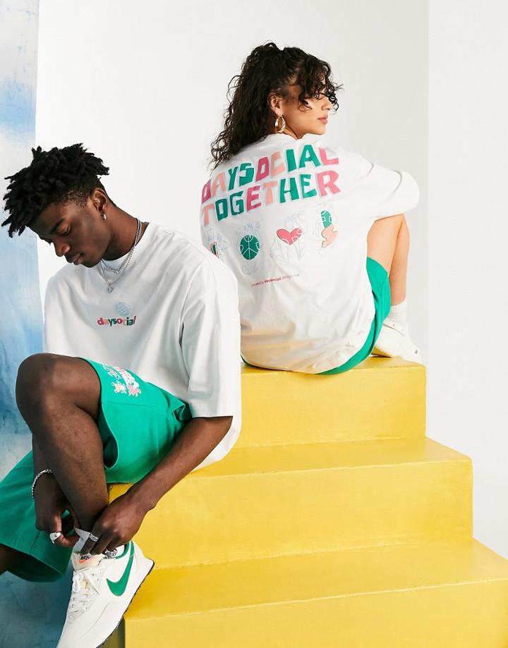 Asos Daysocial Unisex Oversized T-shirt With Back Graphic Print And Logo In White - Part Of A Set
