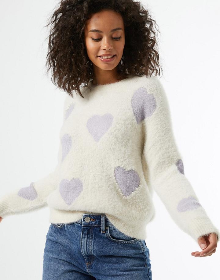 Miss Selfridge Heart And Pearl Sweater In Multi