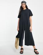 Asos Design Cupro Chuck On Smock Jumpsuit In Charcoal-black