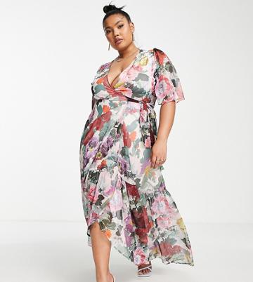 Hope & Ivy Plus Frankie Recycled Polyester Wrap Maxi Dress In Pink