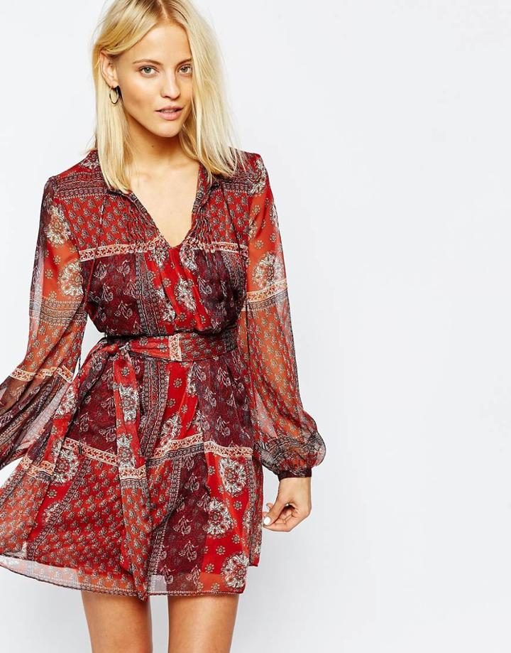 Mango Tie Waist Printed Smock Dress - Bright Red