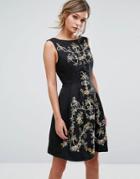 Oasis Embroidered Skater Dress - Black