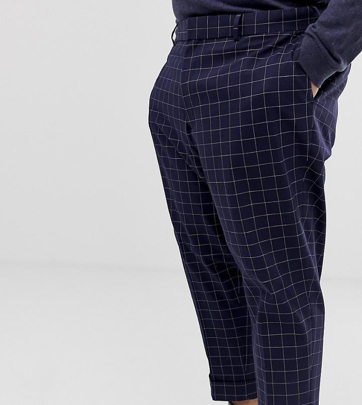 Asos Design Plus Tapered Smart Pants In Navy And White Windowpane Check - Navy