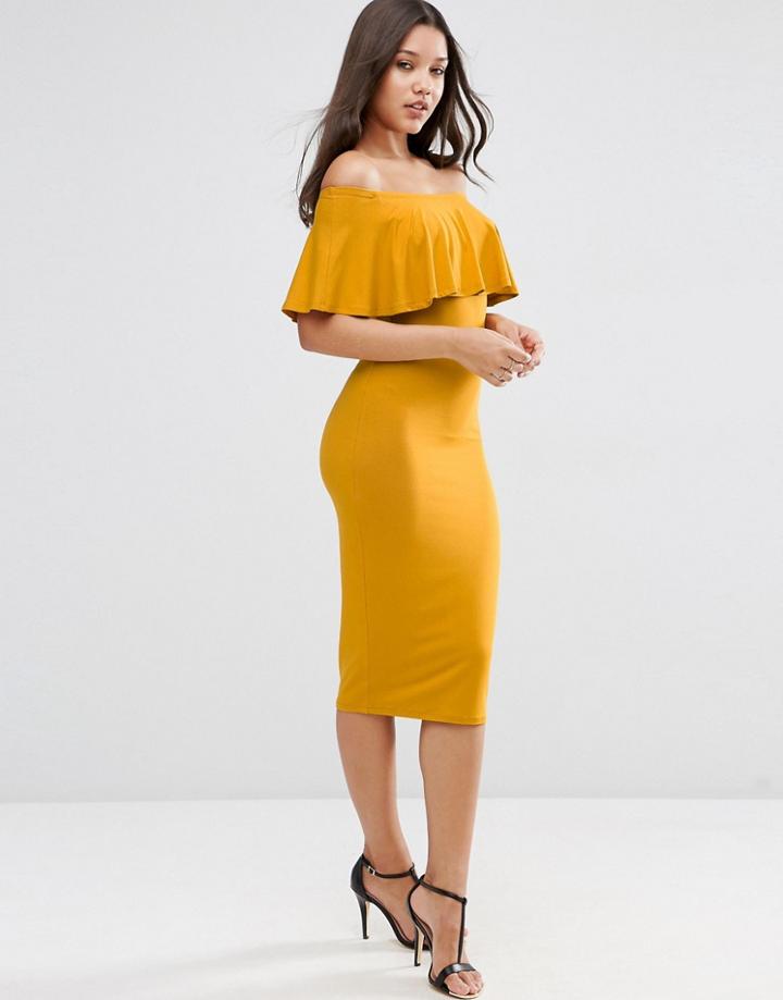 Asos Ruffle Off Shoulder Bardot Pencil Midi Dress - Chartreuse