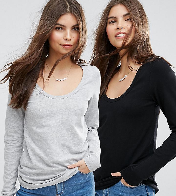Asos Design T-shirt With Long Sleeve And Scoop Neck 2 Pack Save - Multi