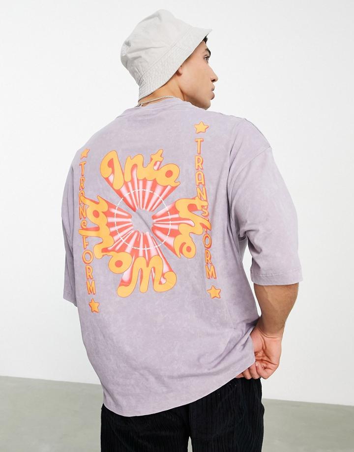 Asos Design Oversized T-shirt In Washed Purple With Cartoon Back Print-blue