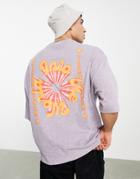 Asos Design Oversized T-shirt In Washed Purple With Cartoon Back Print-blue
