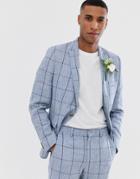 Asos Design Wedding Skinny Suit Jacket In Blue Check And Cotton Linen Mix - Blue