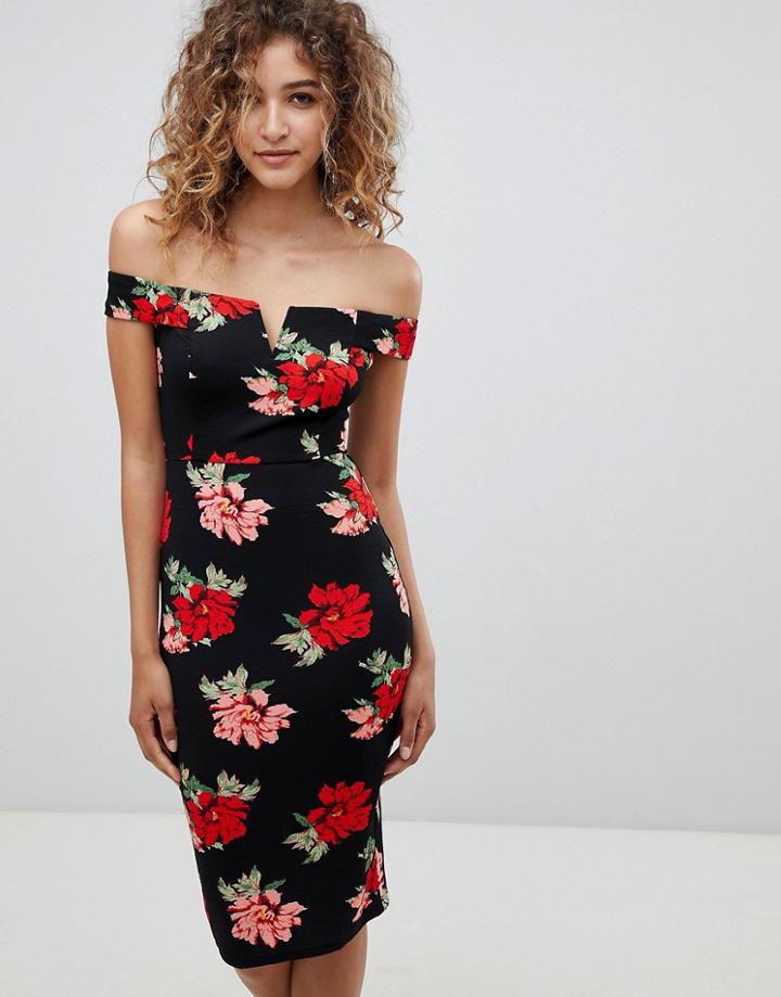 Ax Paris V Detail Floral Midi Dress - Black