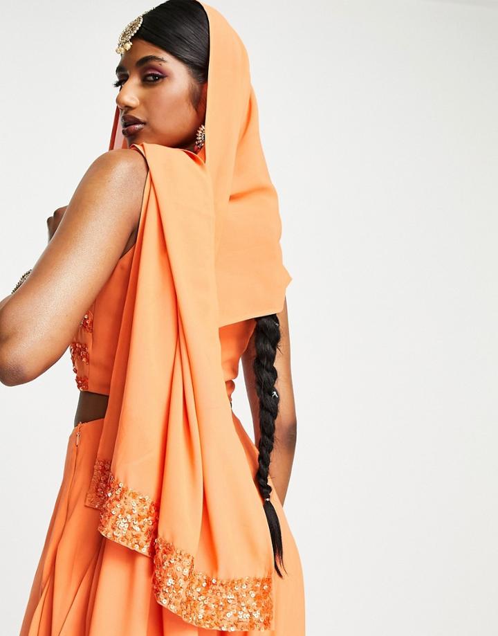 Maya Band Embellished Lehenga Scarf In Tangerine Orange