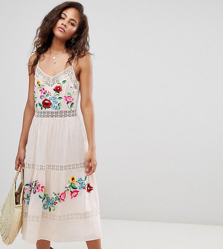 Asos Design Tall Lace Insert Crinkle Tiered Midi Dress With Embroidery - White