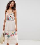 Asos Design Tall Lace Insert Crinkle Tiered Midi Dress With Embroidery - White