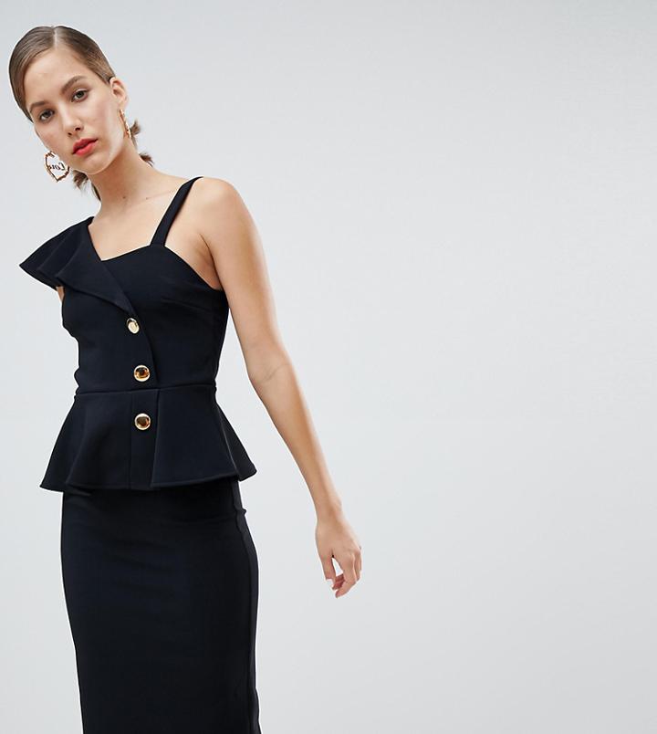 River Island Button Peplum Bodycon Dress In Black - Black