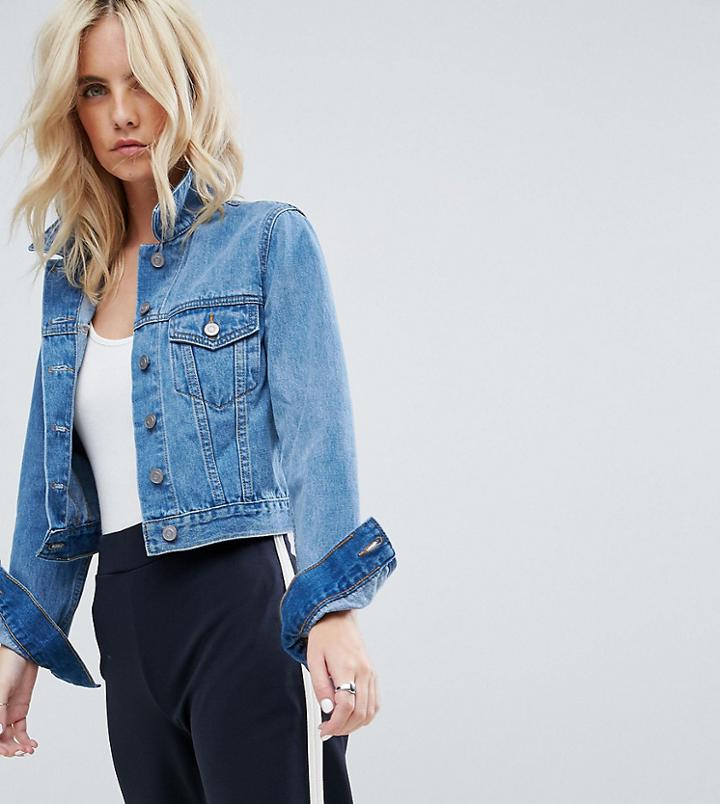 Asos Design Petite Denim Shrunken Jacket In Midwash Blue - Blue